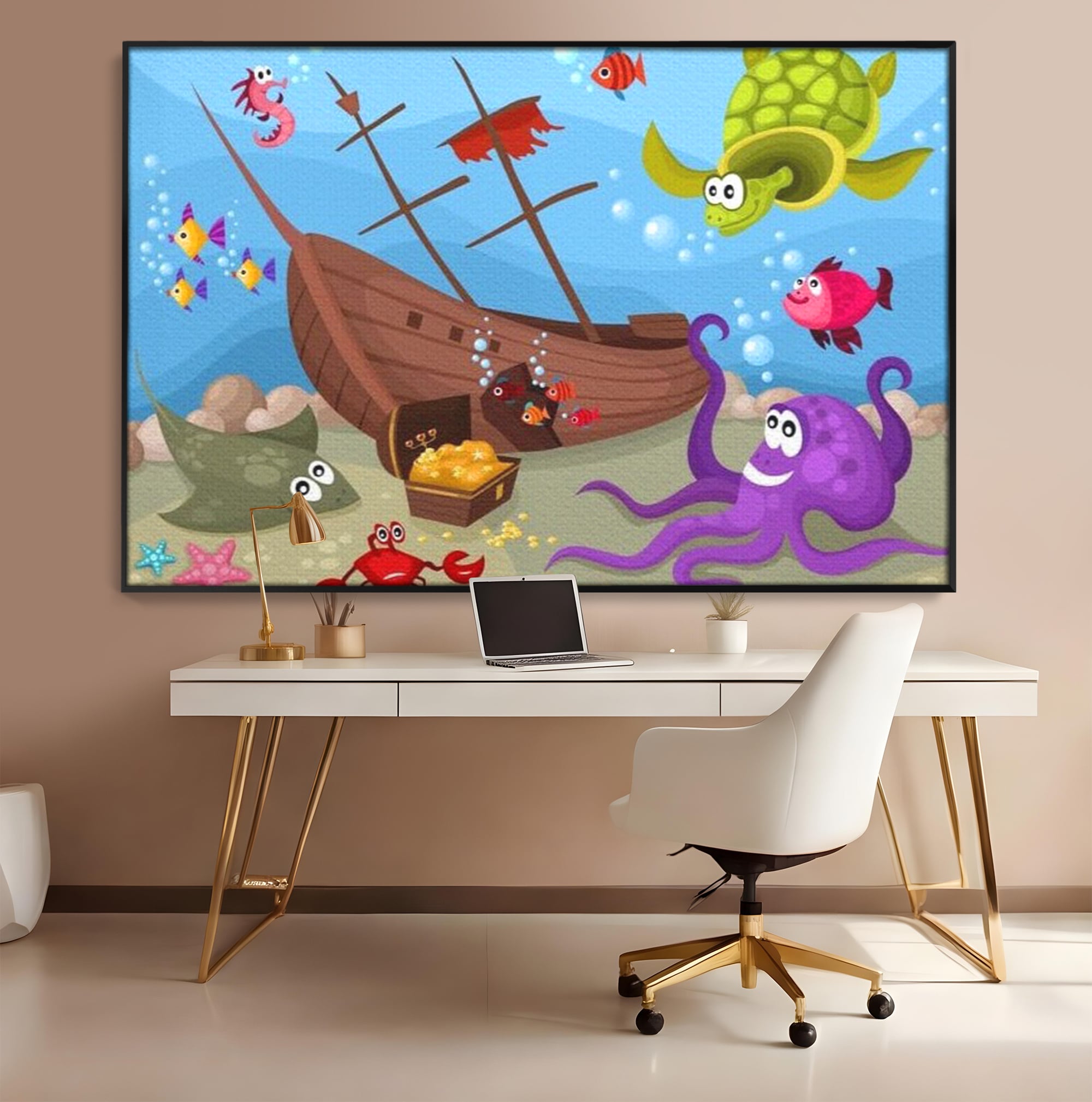 Tablou canvas cu ilustratie animata cu vietuitoare marine si epava, in rama de aluminiu negru, pe perete intr-un birou